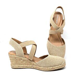Easy Spirit Meza Espadrille Wedge Beige Sandal Gold Sparkles Women's US 12M